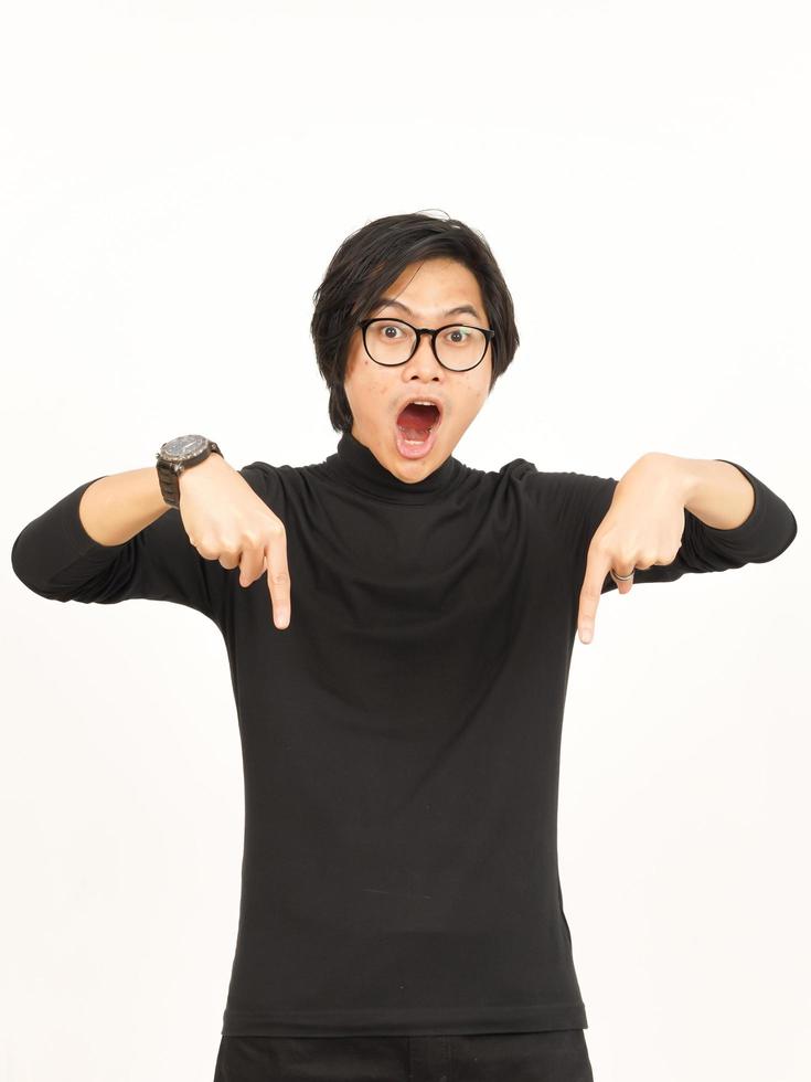 Showing Product and Pointing Down Of Beautiful Asian Man Isolated On White Background photo
