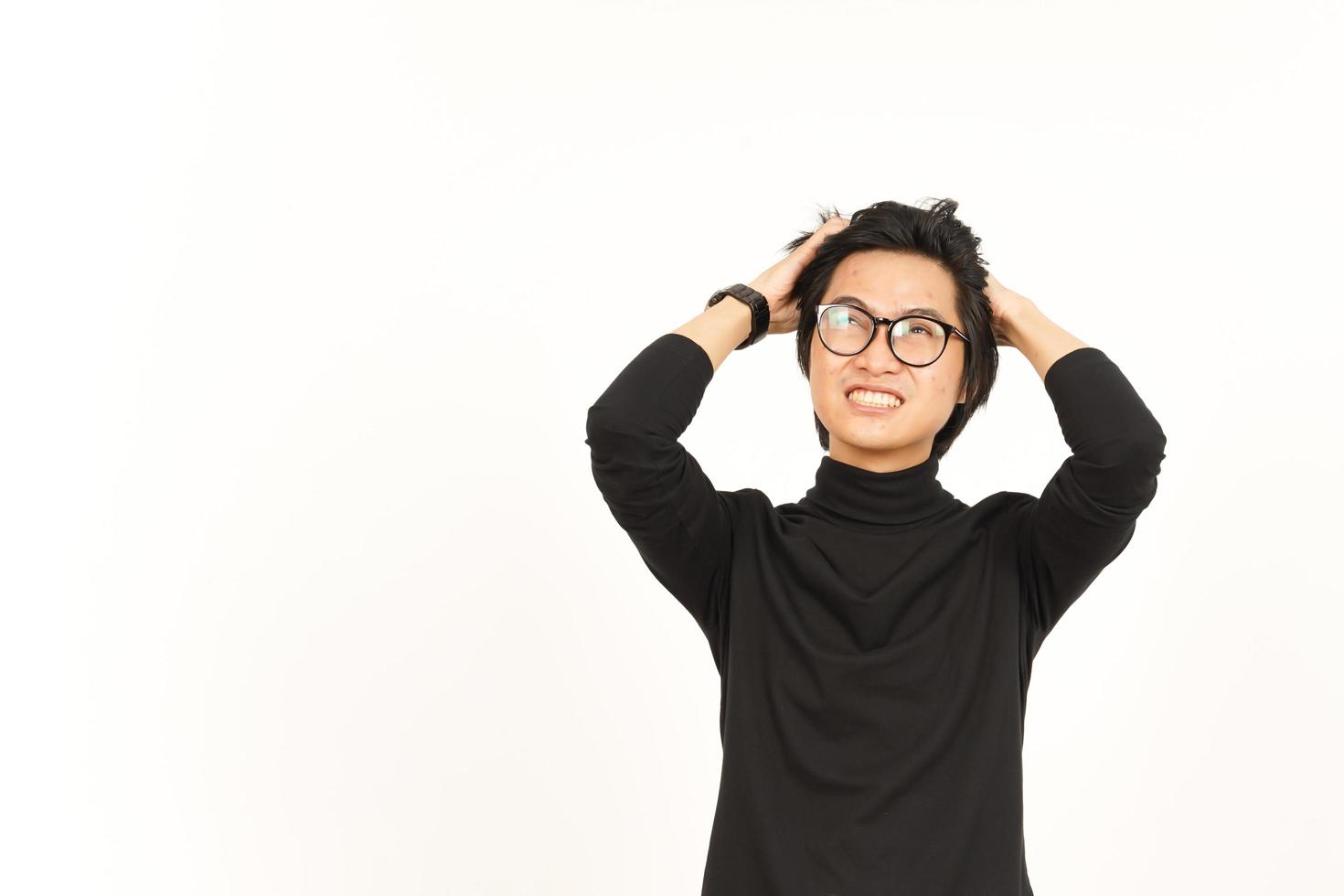 Angry Stressed and Pull Hair Of Beautiful Asian Man Isolated On White Background photo