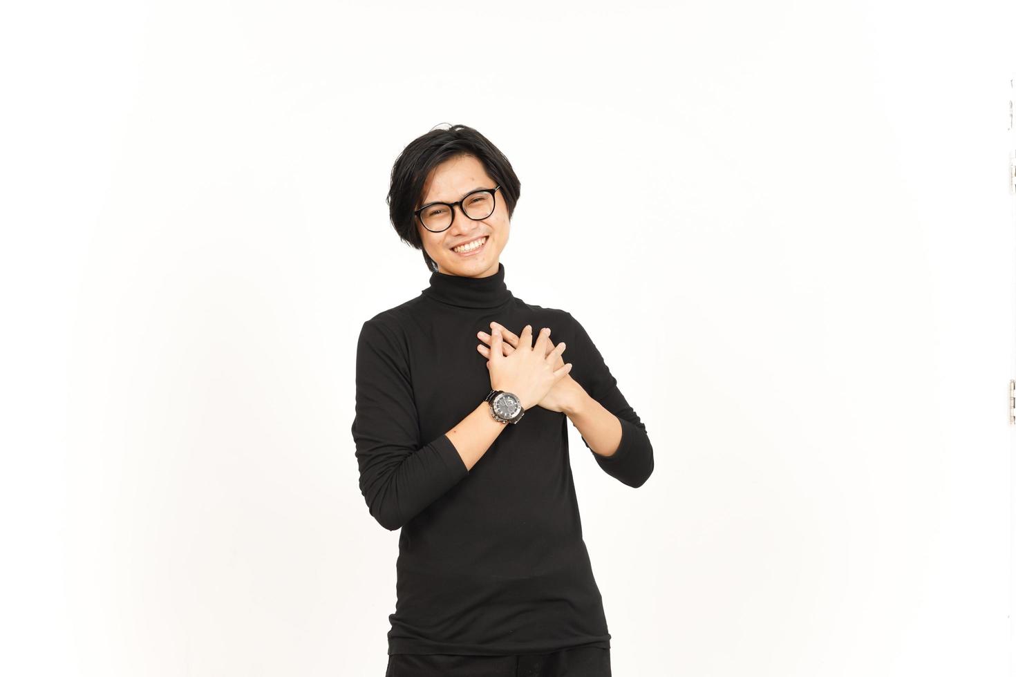 Hands on Chest Grateful Gesture Of Beautiful Asian Man Isolated On White Background photo