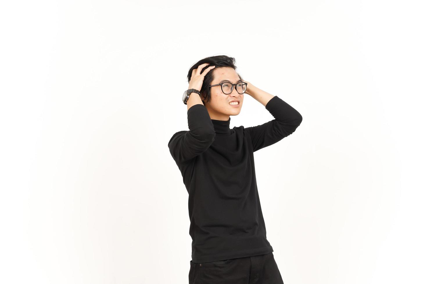 Angry Stressed and Pull Hair Of Beautiful Asian Man Isolated On White Background photo