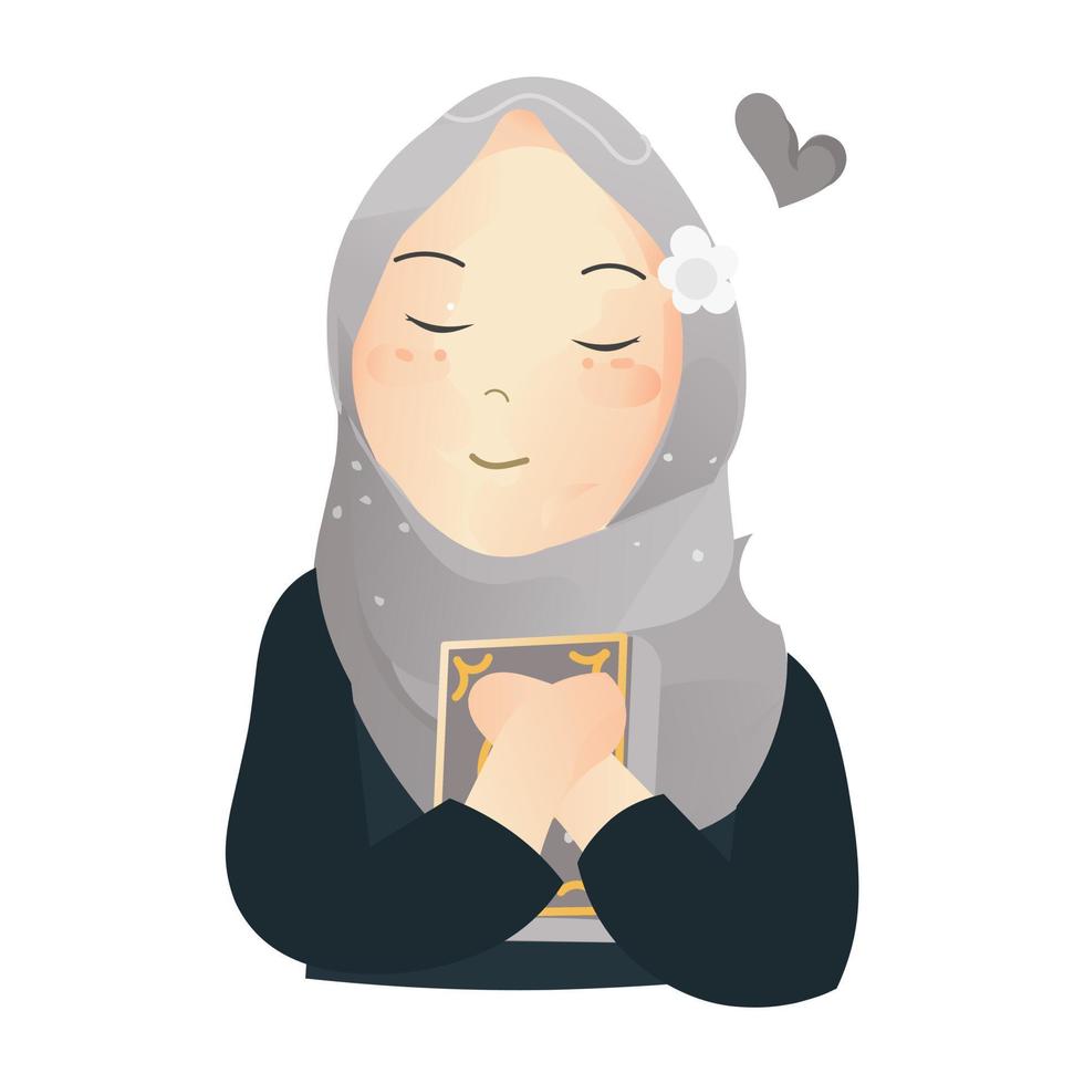 Illustration of a Happy cute young Muslim girl holding holy Quran and wearing hijab on white background. Vector illustration.