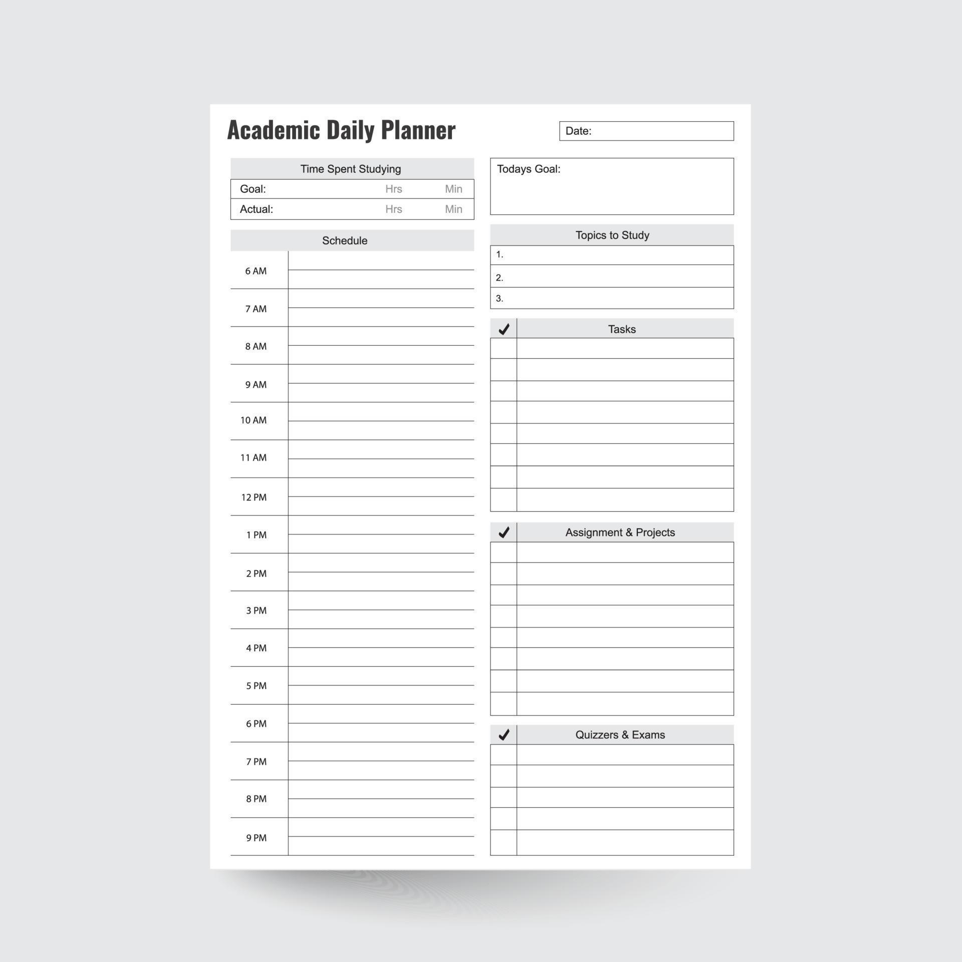 Academic Daily Planner,Study Planner,Daily Planner Template,Undated
