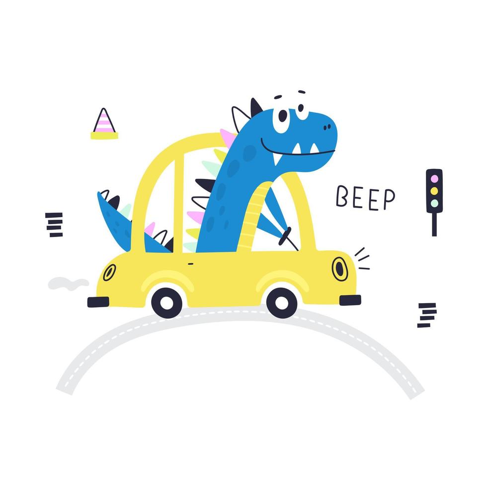 Cute dino is driving a car. Kids print. Can be used for shirt design, greeting card. Vector Illustration