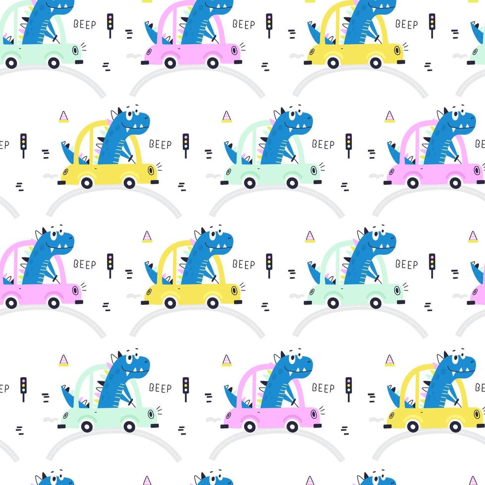 Seamless pattern with cute dino and  car. Kids print. Vector Illustration