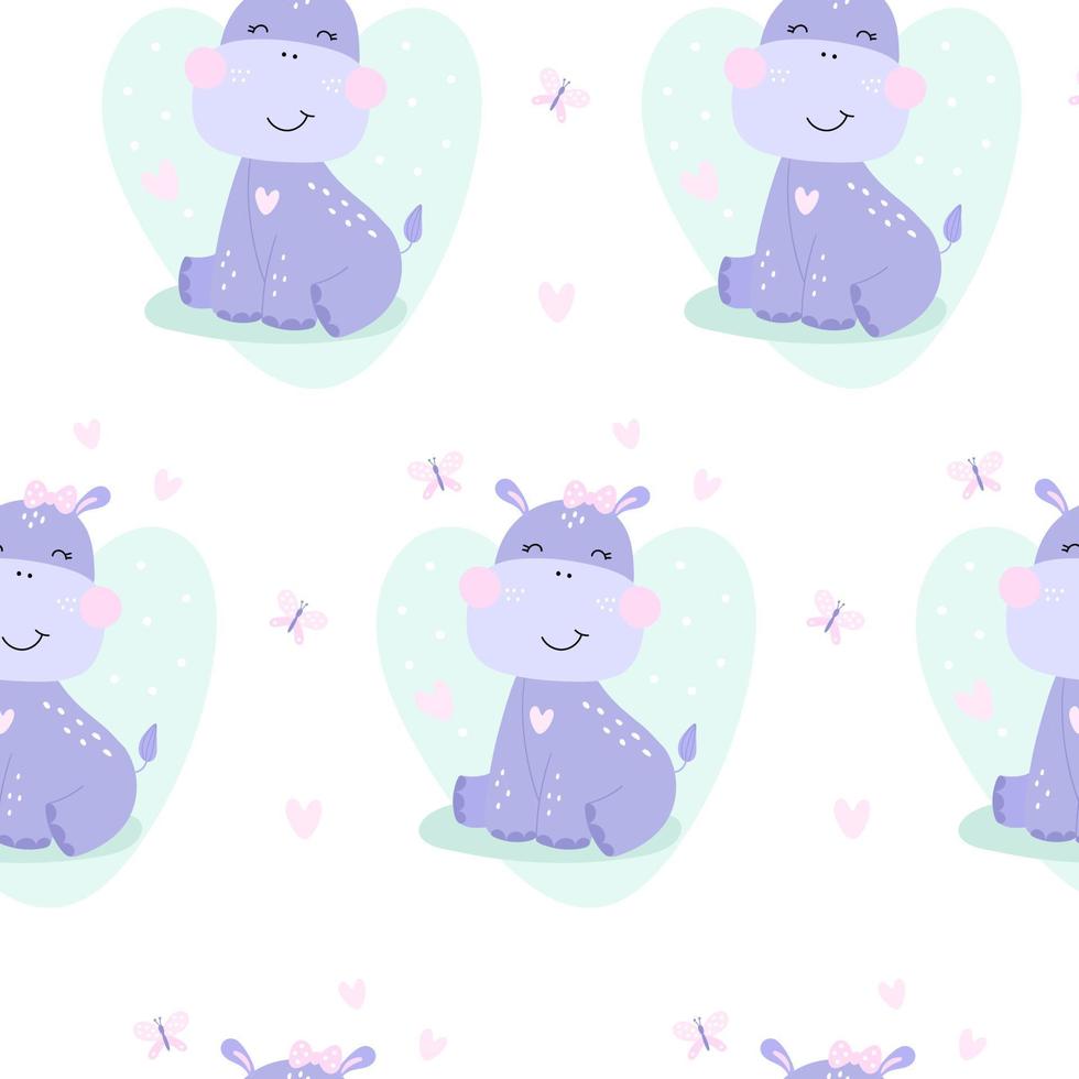 Sealess pattern with cute hippo.  Vector Illustration