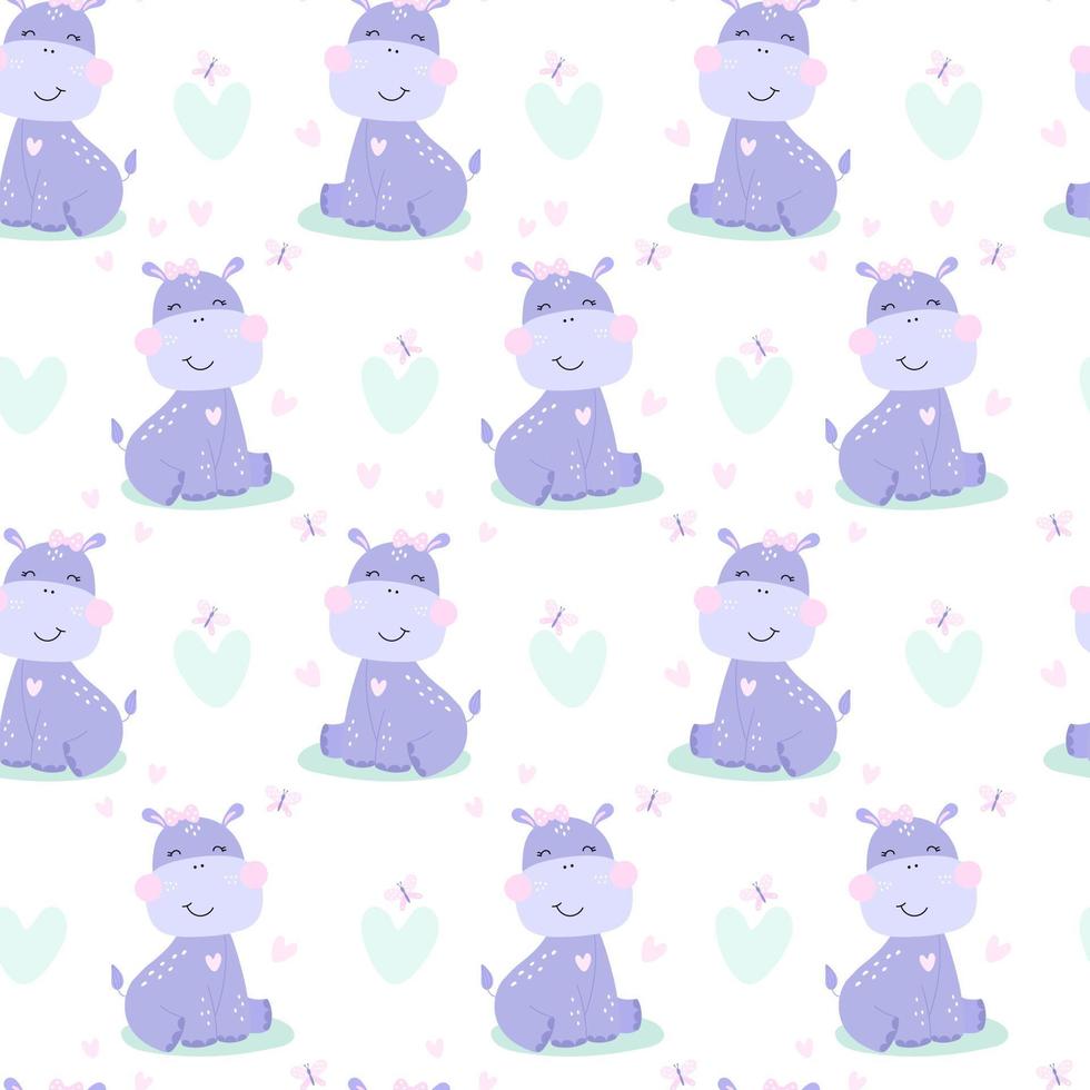 Sealess pattern with cute hippo.  Vector Illustration