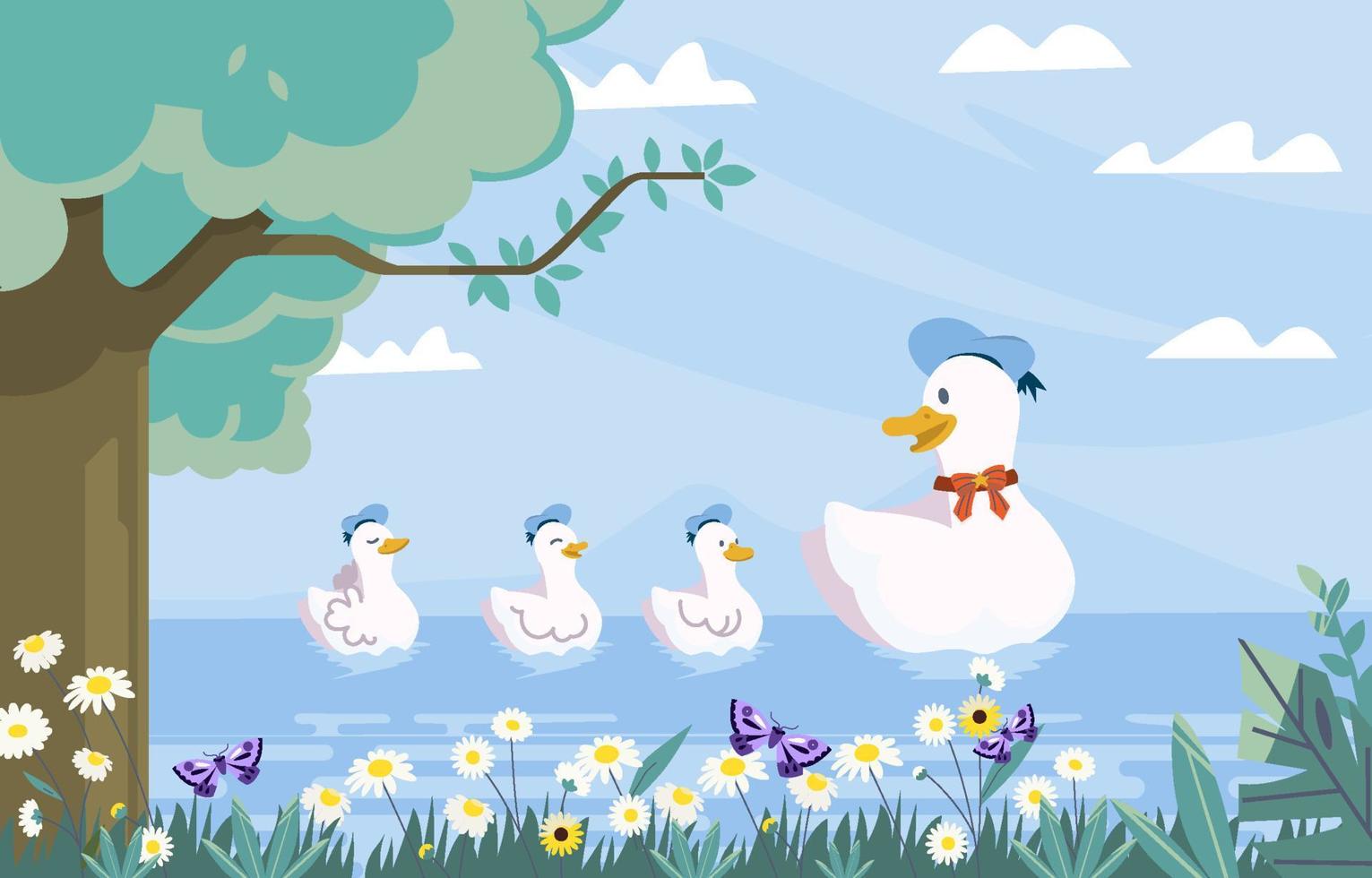 Duck Faily Swimming Together On Lake Concept vector