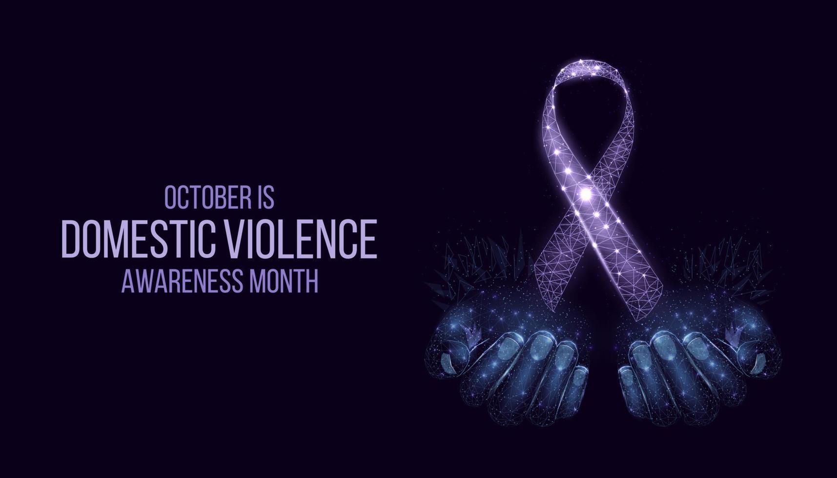 Domestic Violence Awareness Month concept. Banner template with glowing low poly purple ribbon. Futuristic modern abstract background. Vector illustration.