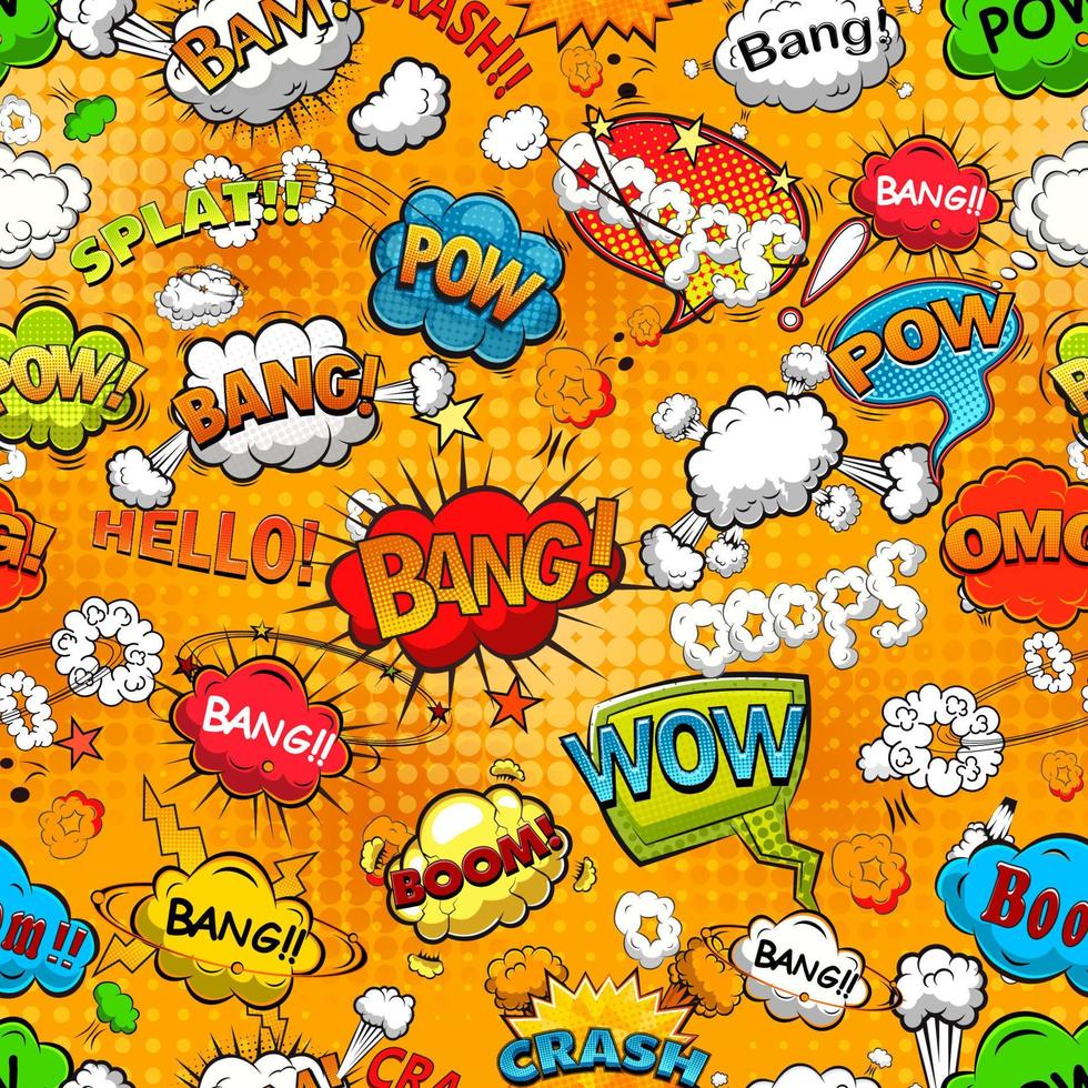 Comic speech bubbles seamless pattern on orange background. Vector illustration.