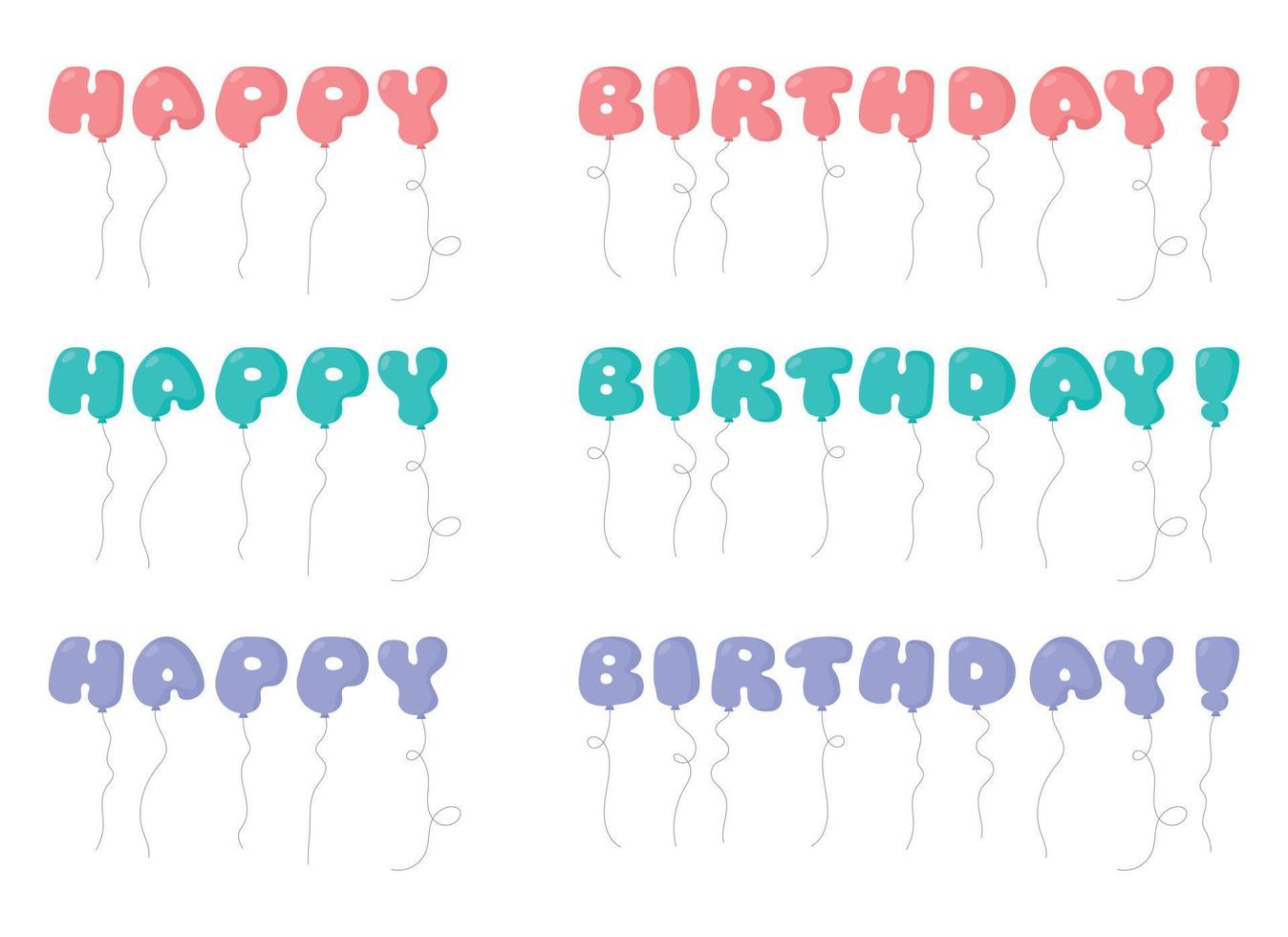 Happy Birthday party balloon text tied with strings. Vector illustration in cartoon style