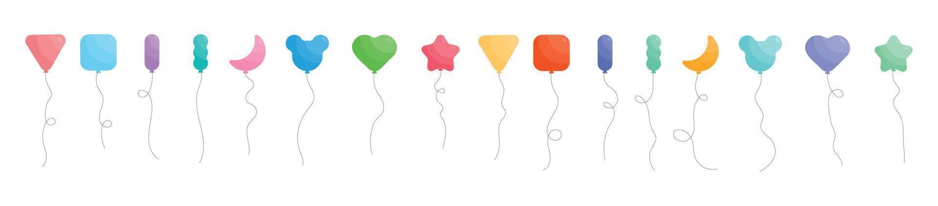 Set of colored party balloons tied with strings. Vector illustration in cartoon style