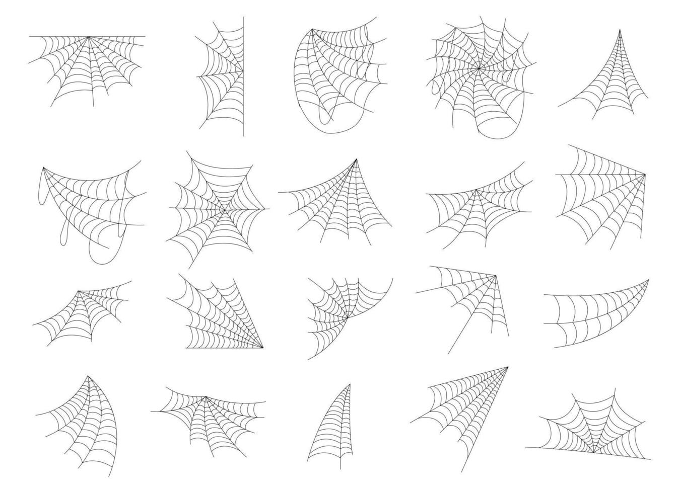 Hand drawn spider web icon set isolated on white. Black halloween cobweb vector illustration