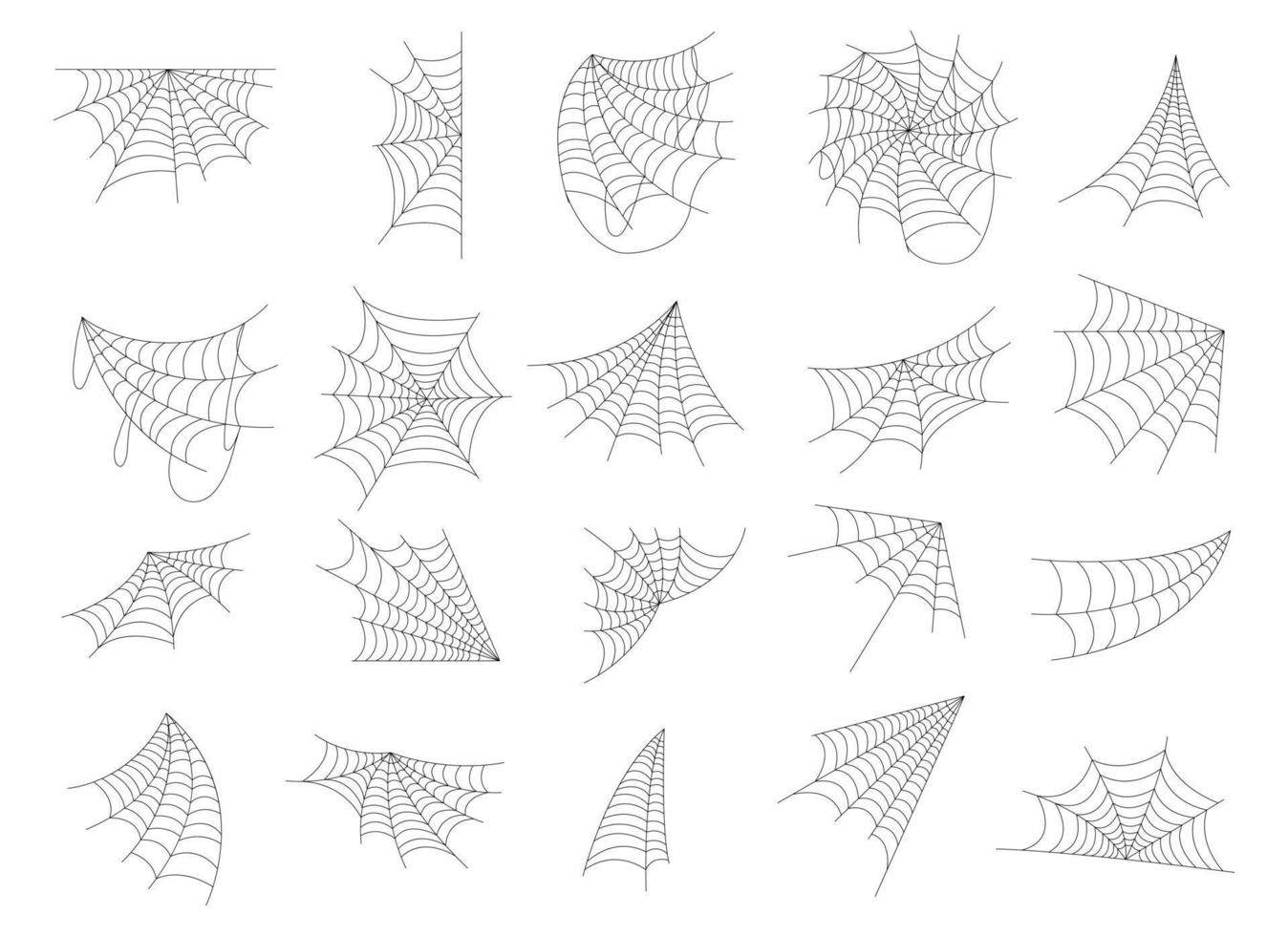 Hand drawn spider web icon set isolated on white. Black halloween cobweb vector illustration