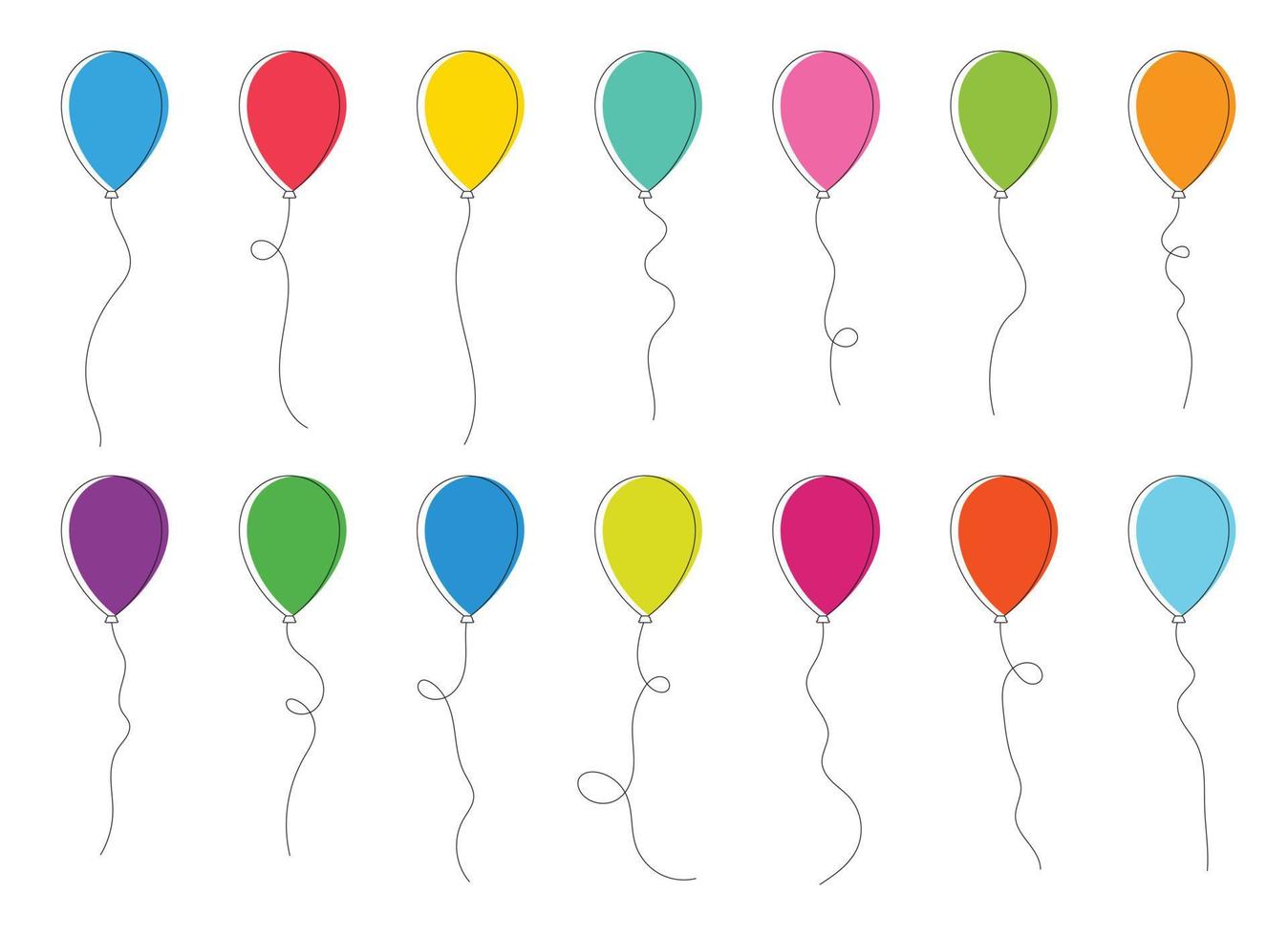 conjunto de de colores fiesta globos atado con instrumentos de cuerda. vector ilustración en dibujos animados estilo