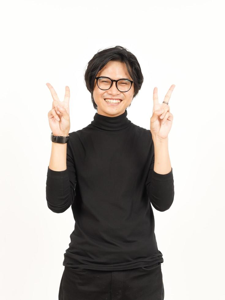 Smile and Showing Peace Sign Of Handsome Asian Man Isolated On White Background photo