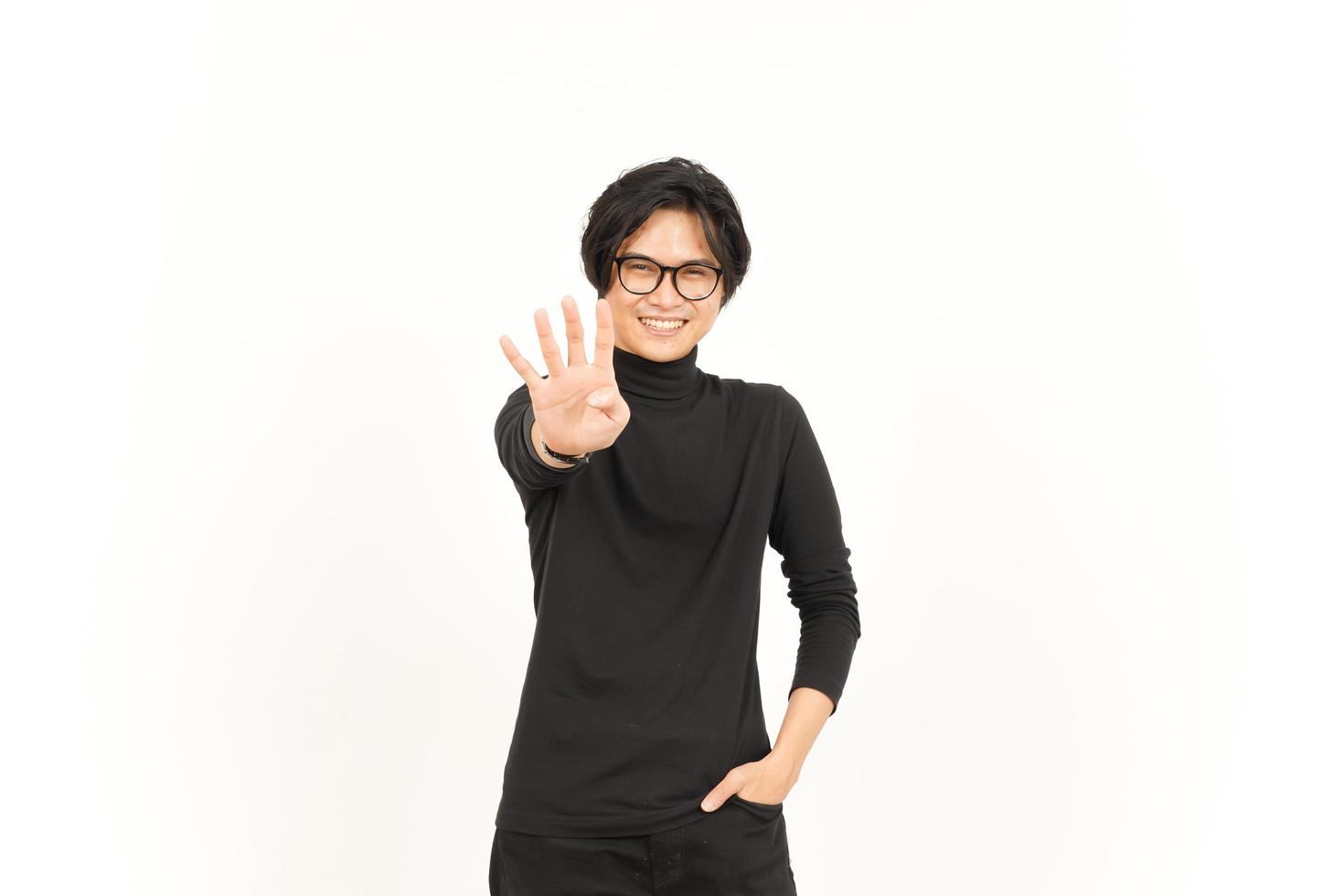 Showing count Four finger Of Handsome Asian Man Isolated On White Background photo