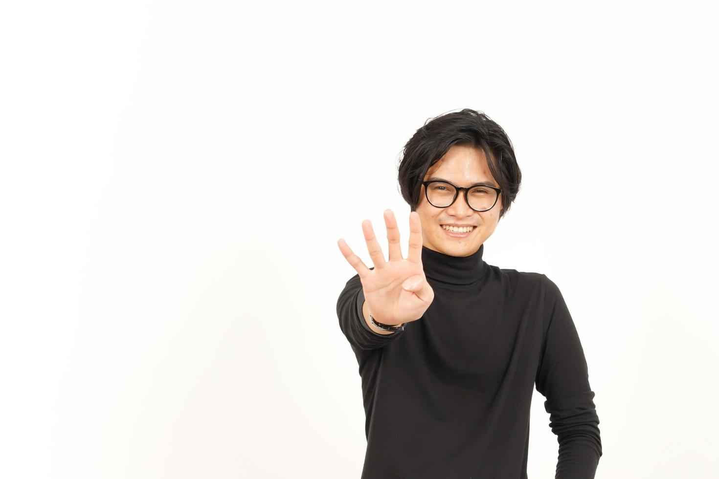 Showing count Four finger Of Handsome Asian Man Isolated On White Background photo