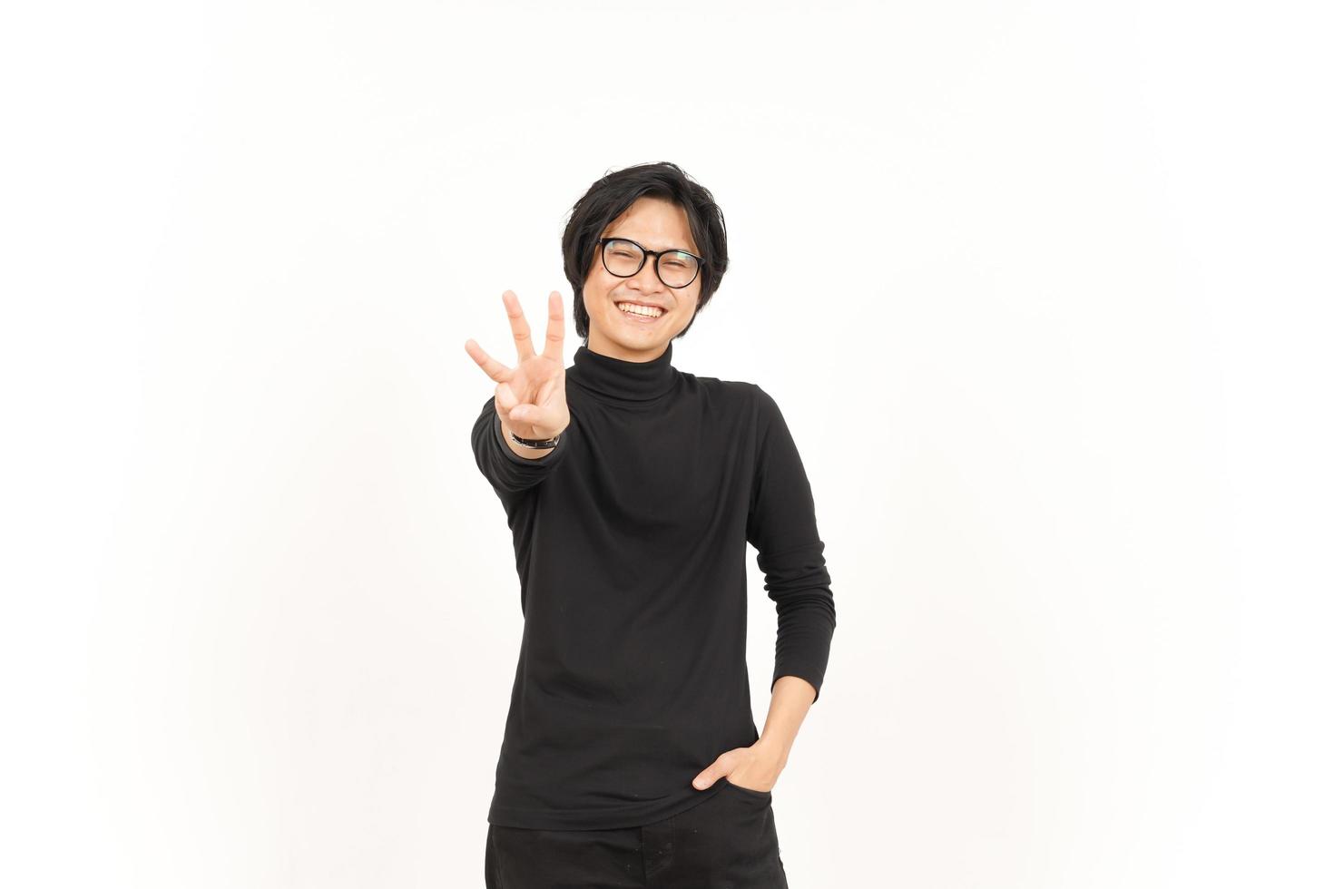 Showing count Three finger Of Handsome Asian Man Isolated On White Background photo