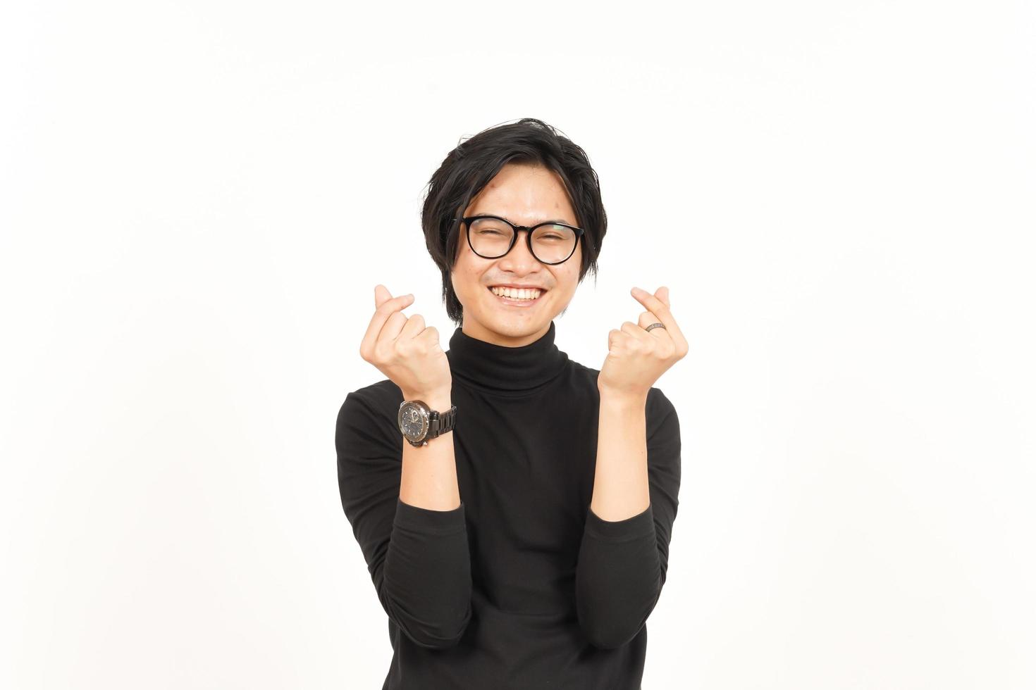 Smile and Showing Korean love finger Of Handsome Asian Man Isolated On White Background photo