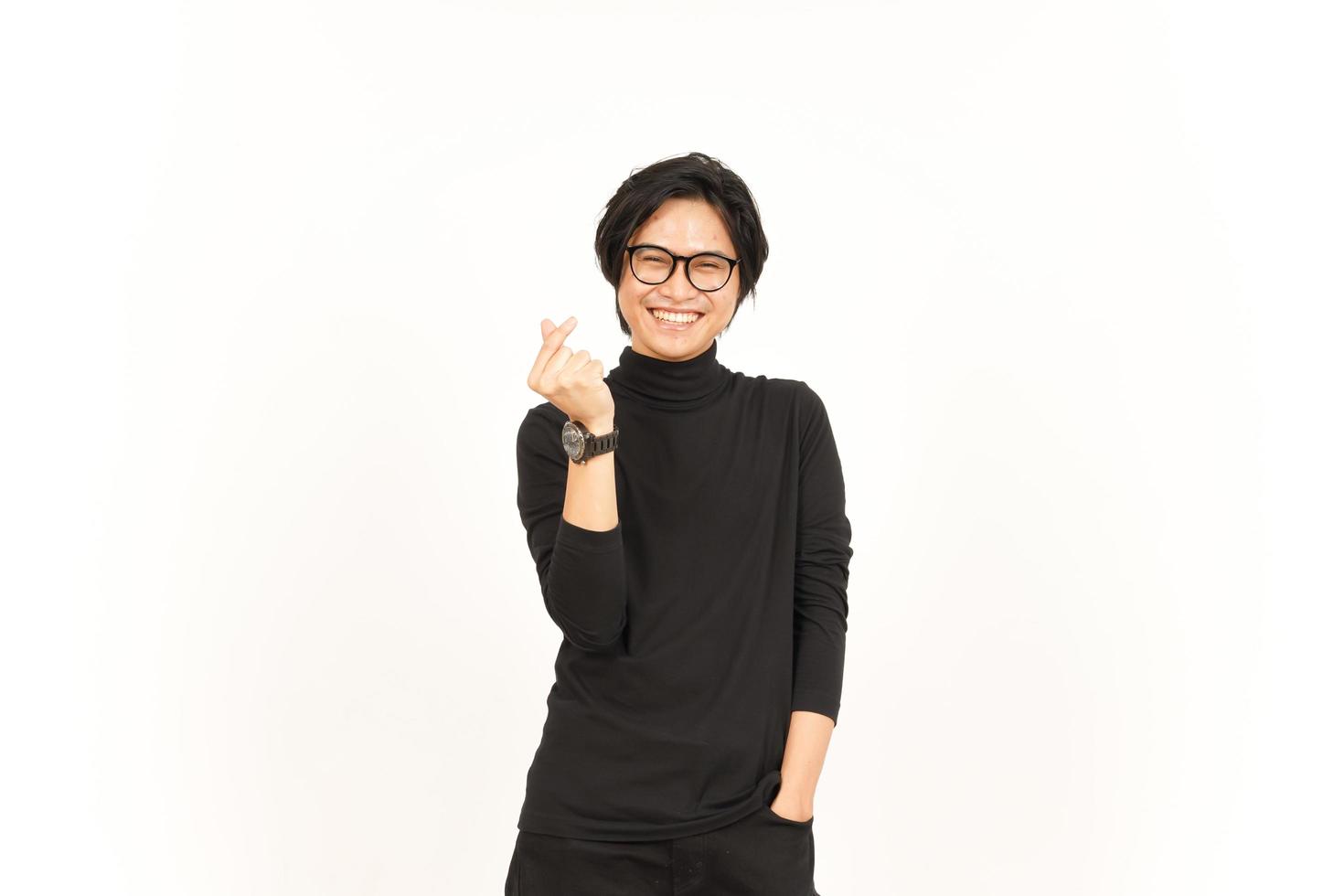 Smile and Showing Korean love finger Of Handsome Asian Man Isolated On White Background photo