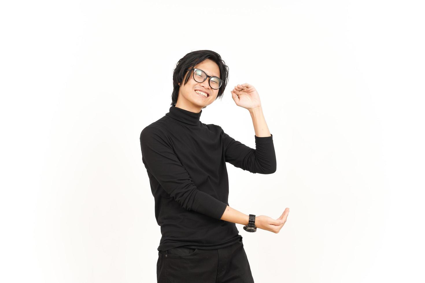 Measuring and Showing Big Sign Product Of Handsome Asian Man Isolated On White Background photo