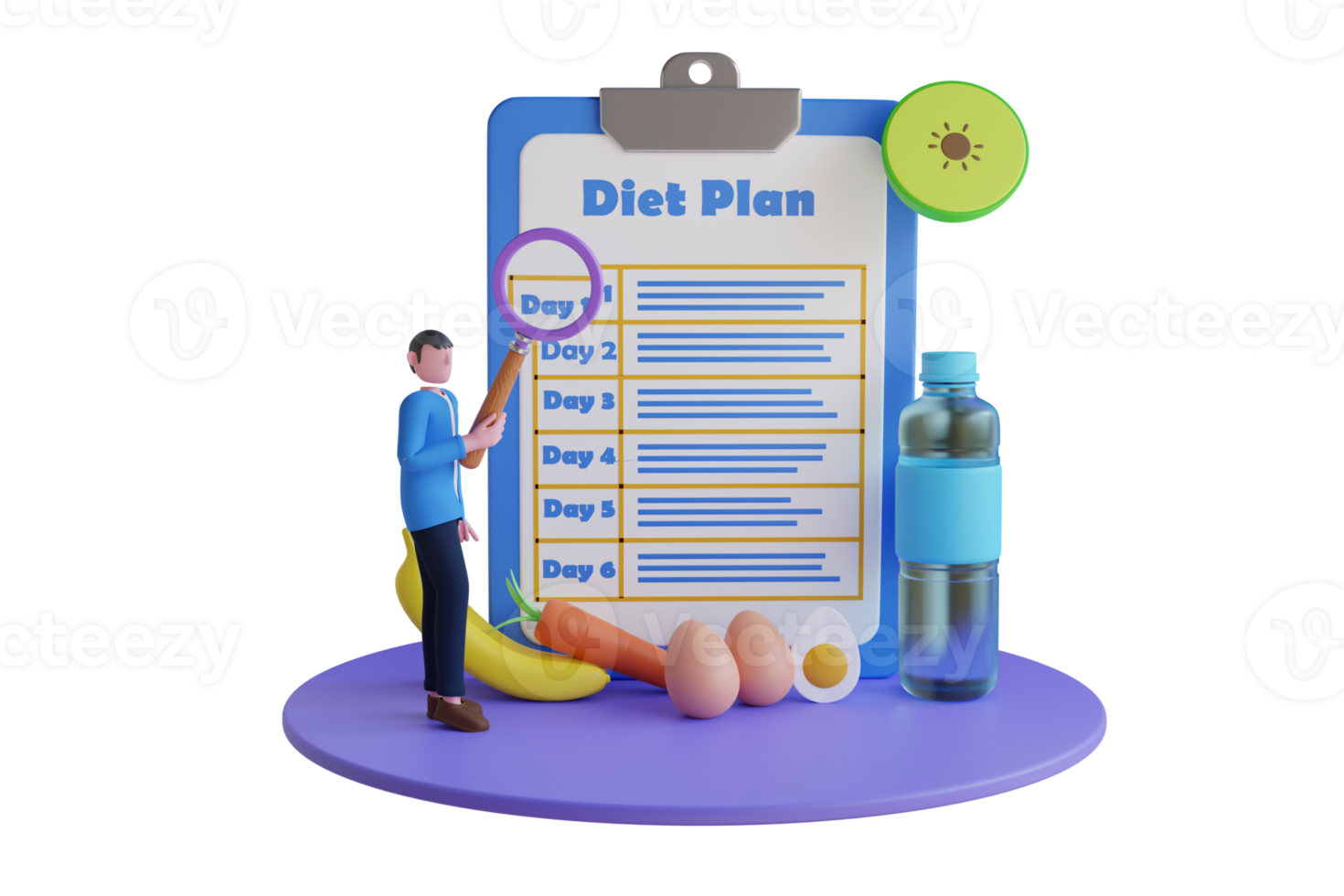 3d ilustración de dieta plan. nutrición para peso pérdida, caloría control, individual dietético. hombre es mirando a un dieta plan en un portapapeles con un aumentador vaso png