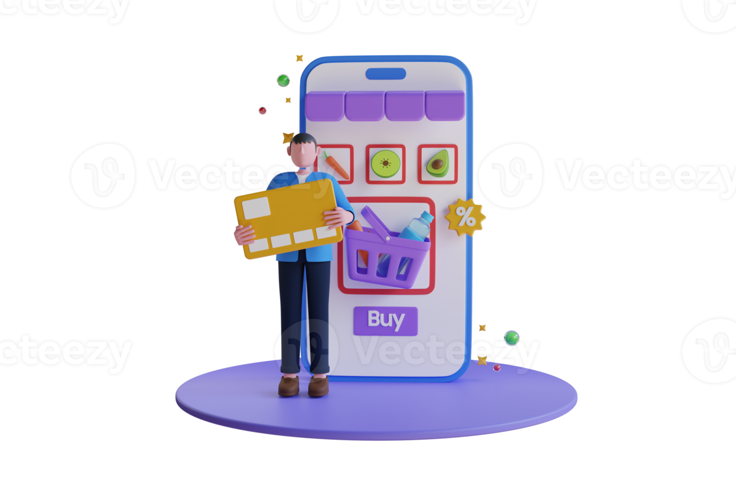 buying fruit online. buying fresh organic fruit, vegetables in online grocery shop. fresh fruits on smartphone. 3D Illustration png