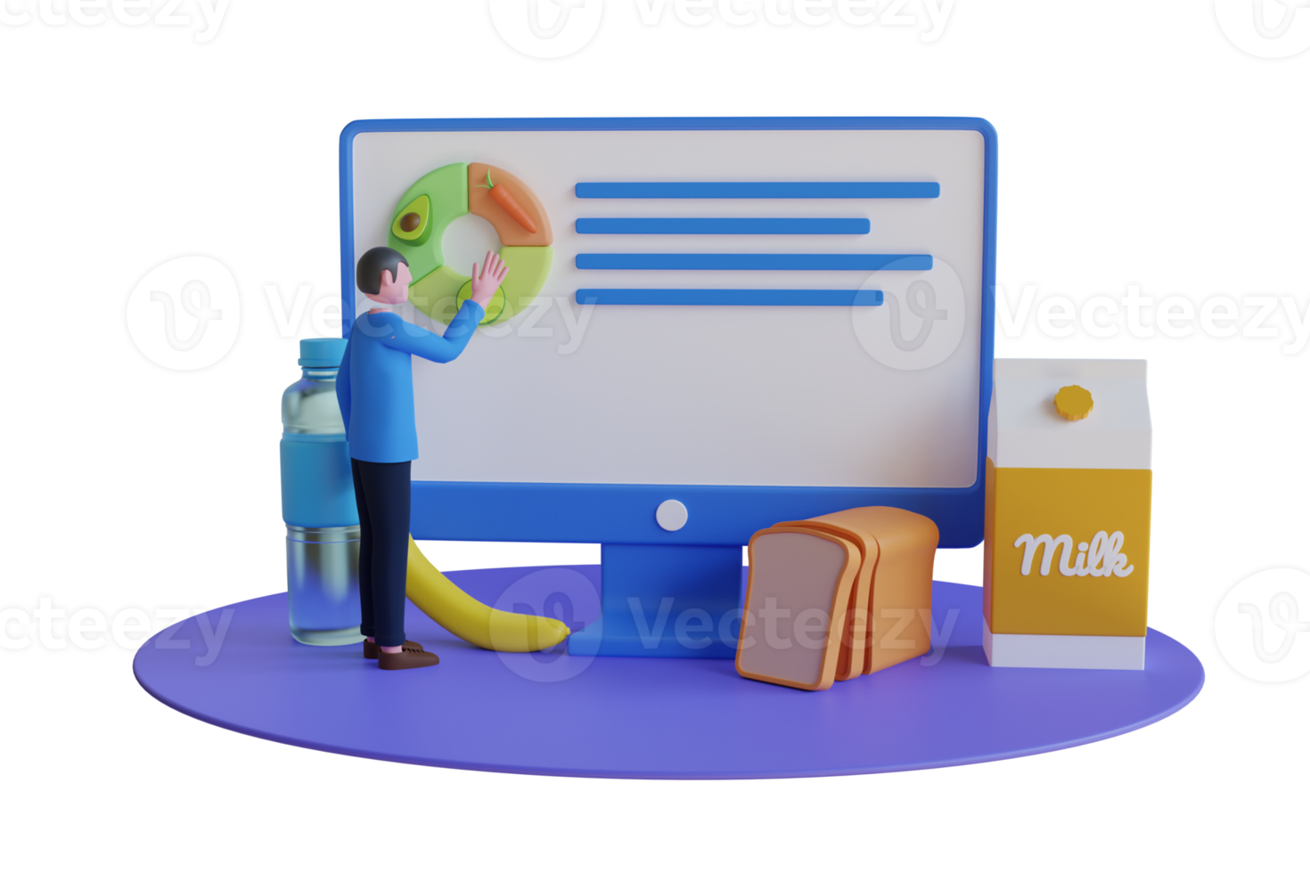 Health food infographic. Food and diet app showing nutrition facts and calories of a meal, healthy eating and technology concept. 3D Illustration png