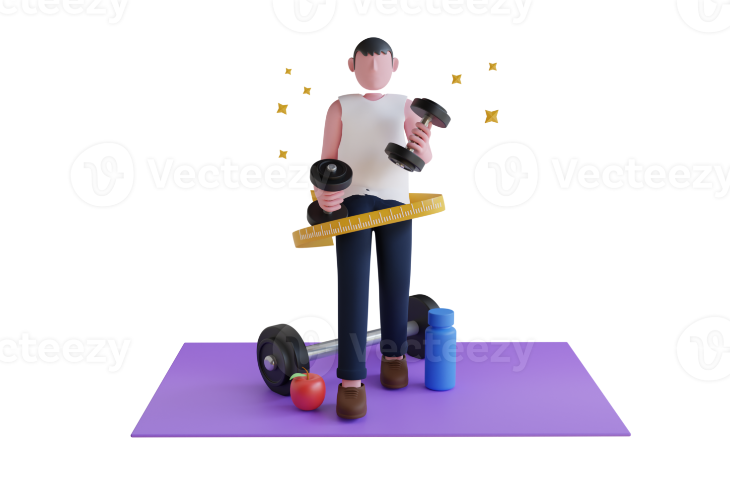Losing weight. set yourself up for weight loss success,Diet and Exercise,Fit Body and healthy. man is standing on a weight scale with a tape measure. 3D Illustration png