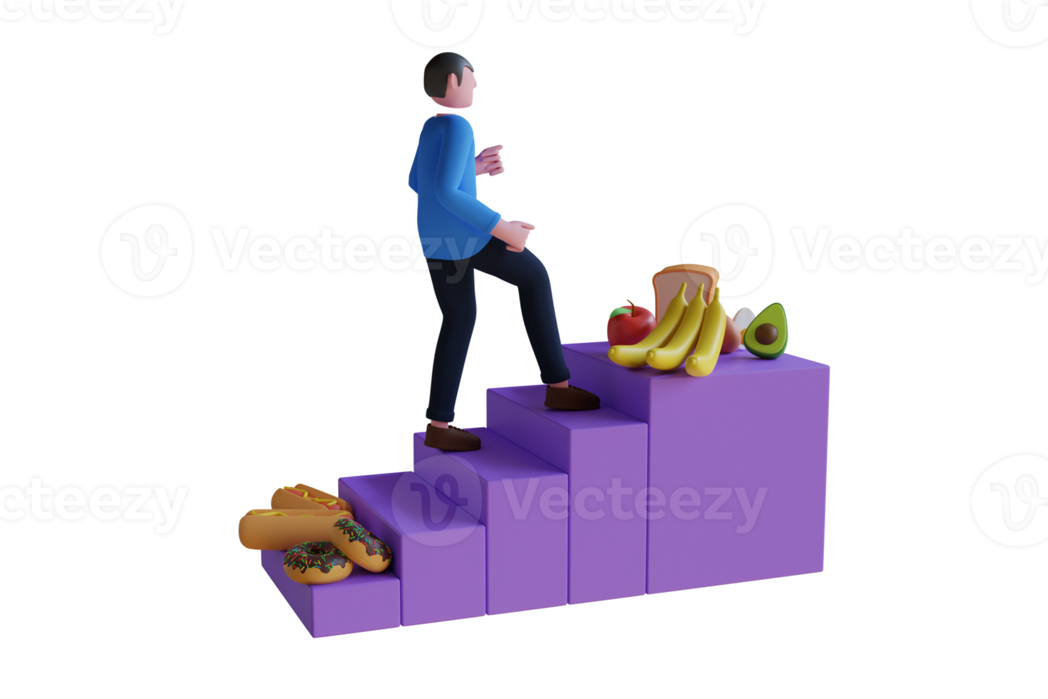 3D Illustration of Weight Loosing Steps, Healthy Lifestyle. How to Stop Eating Fast Food, Steps for Healthy Nutrition. Physical Exercises, Sufficient sleep Duration, Health Care. png