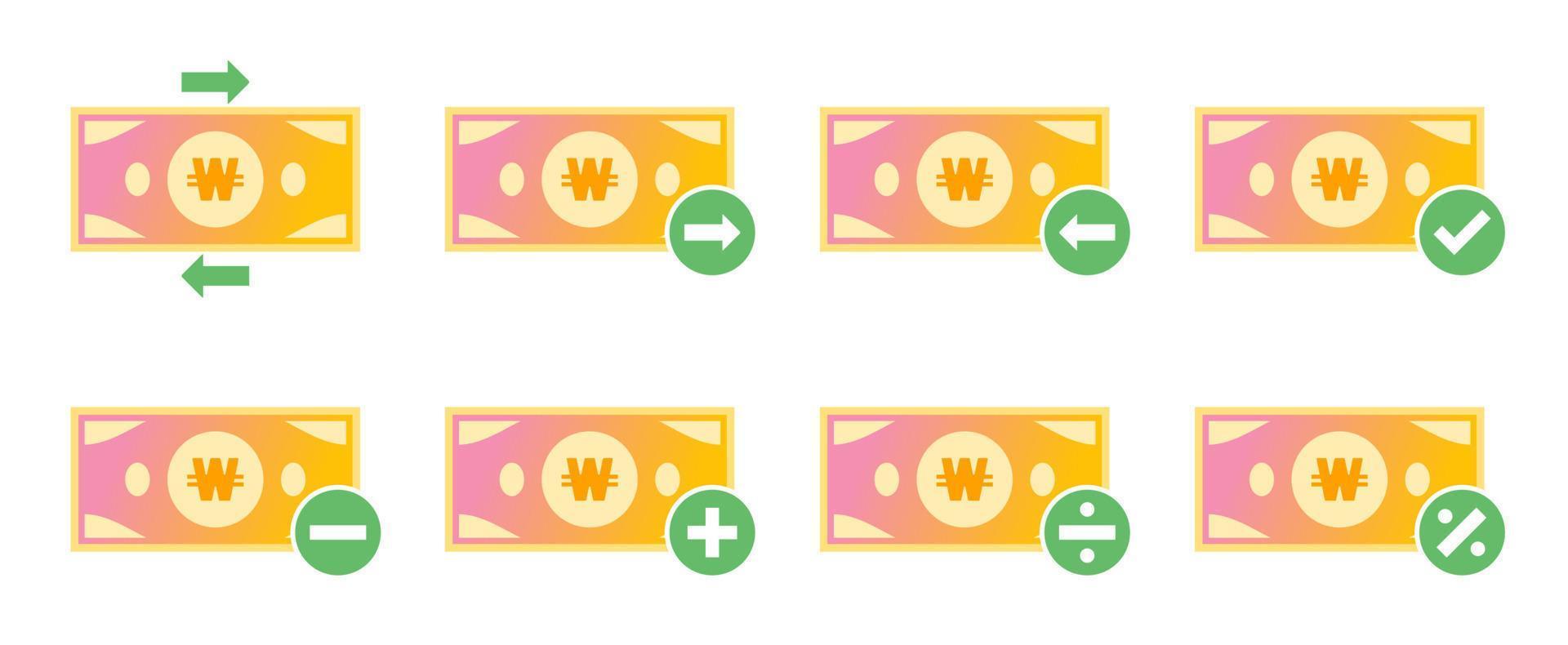coreano won dinero transacción icono conjunto vector