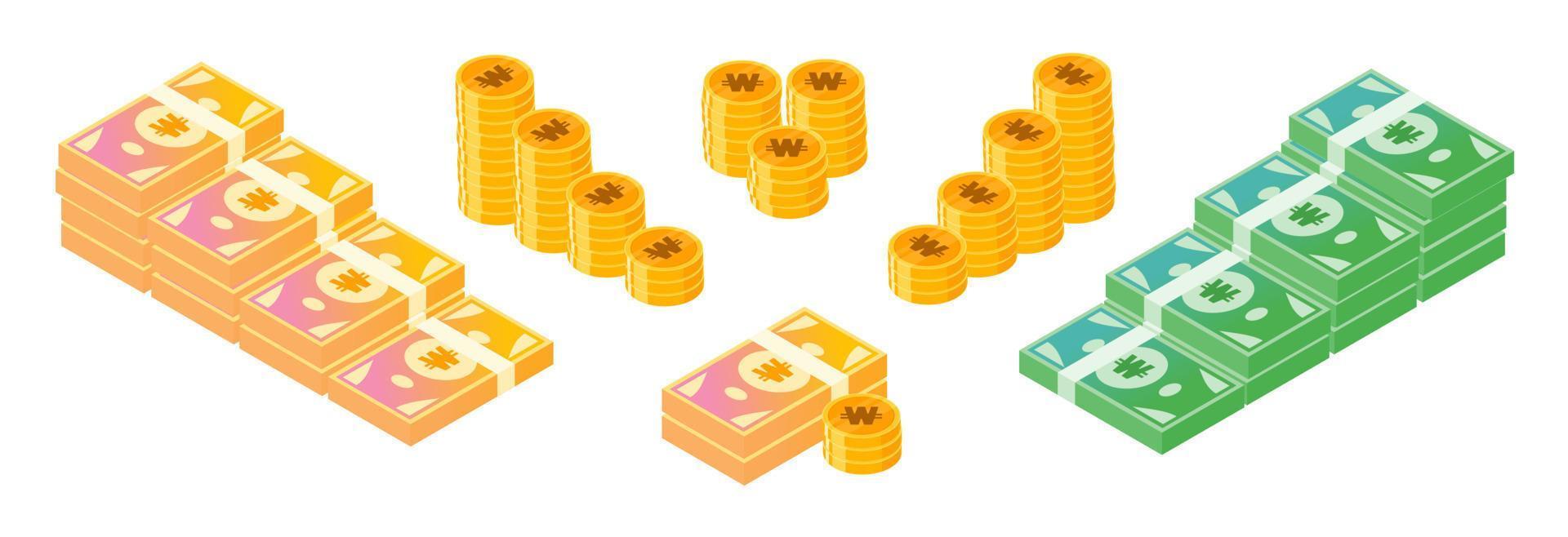 Korean Won Money and Coin Bundle Set vector