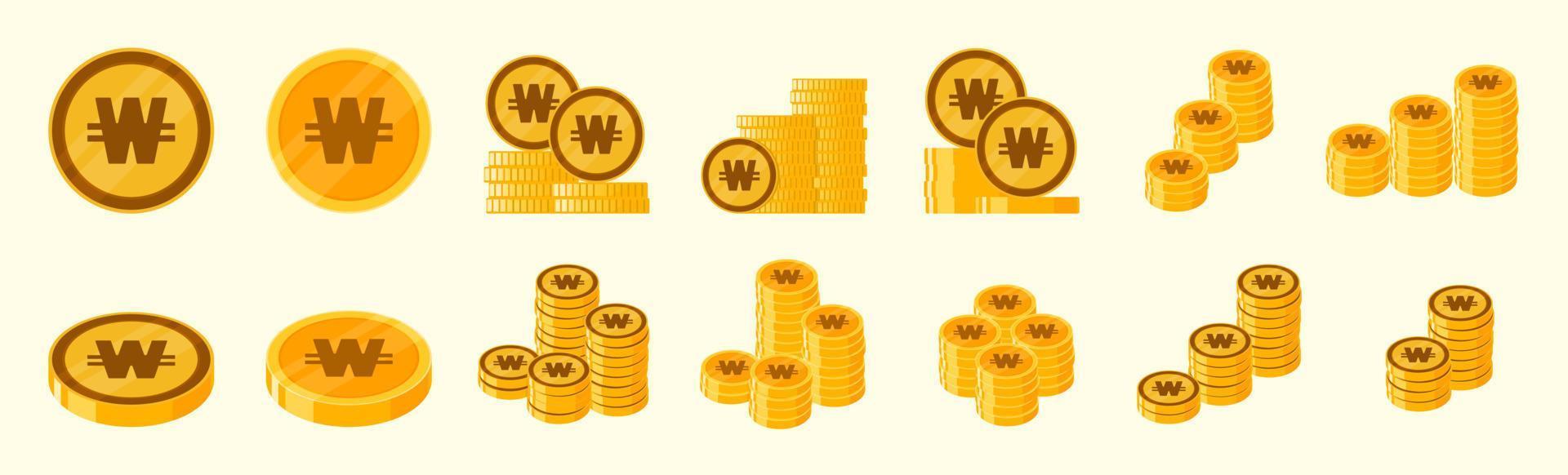 Korean Won Coin Icon Set vector