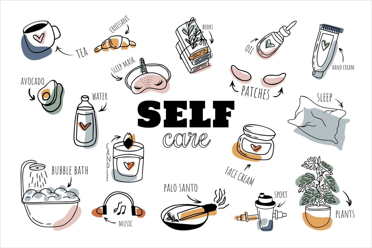 Doodle self care set hand drawn vector