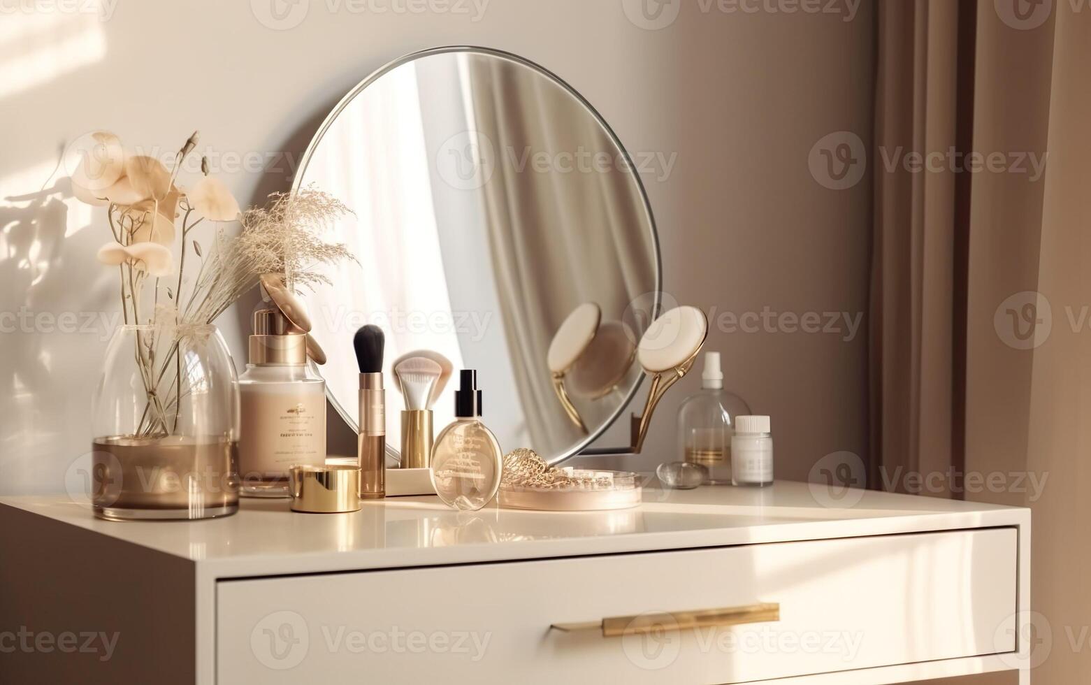 Modern, minimal beige dressing table, gold handle drawer storage, twig in glass vase, round vanity mirror in beige wall bedroom for luxury beauty, cosmetic, makeup product background , AI photo