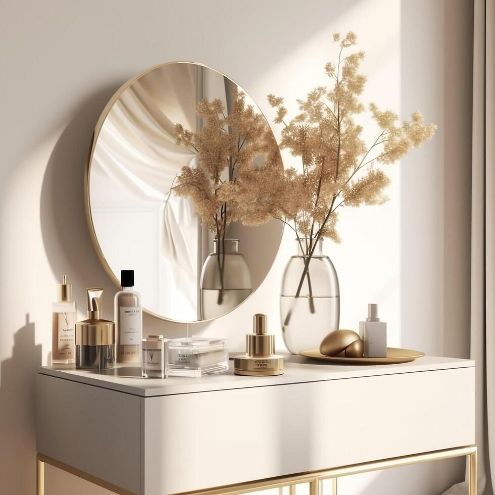 Modern, minimal beige dressing table, gold handle drawer storage, twig in glass vase, round vanity mirror in beige wall bedroom for luxury beauty, cosmetic, makeup product background , AI photo