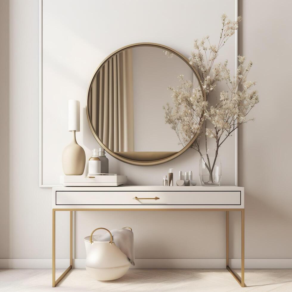 Modern, minimal beige dressing table, gold handle drawer storage, twig in glass vase, round vanity mirror in beige wall bedroom for luxury beauty, cosmetic, makeup product background,, AI photo
