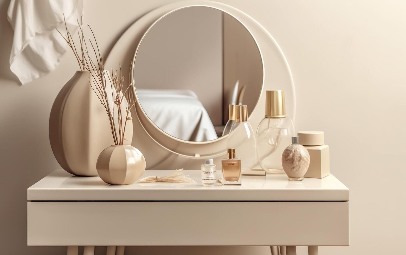 Modern, minimal beige dressing table, twig in ceramic vase, round vanity mirror in beige wall bedroom for luxury beauty, cosmetic, makeup product background , AI photo