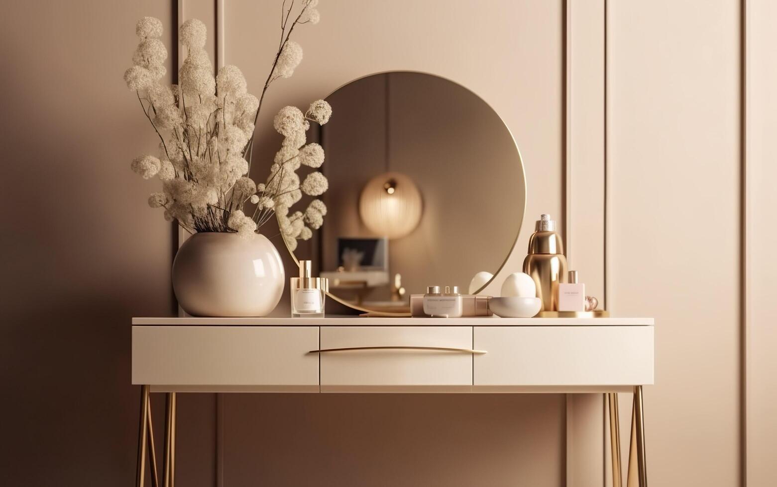 Modern, minimal beige dressing table, gold handle drawer storage, twig in ceramic vase, round vanity mirror in beige wall bedroom for luxury beauty, cosmetic, makeup product, , AI photo