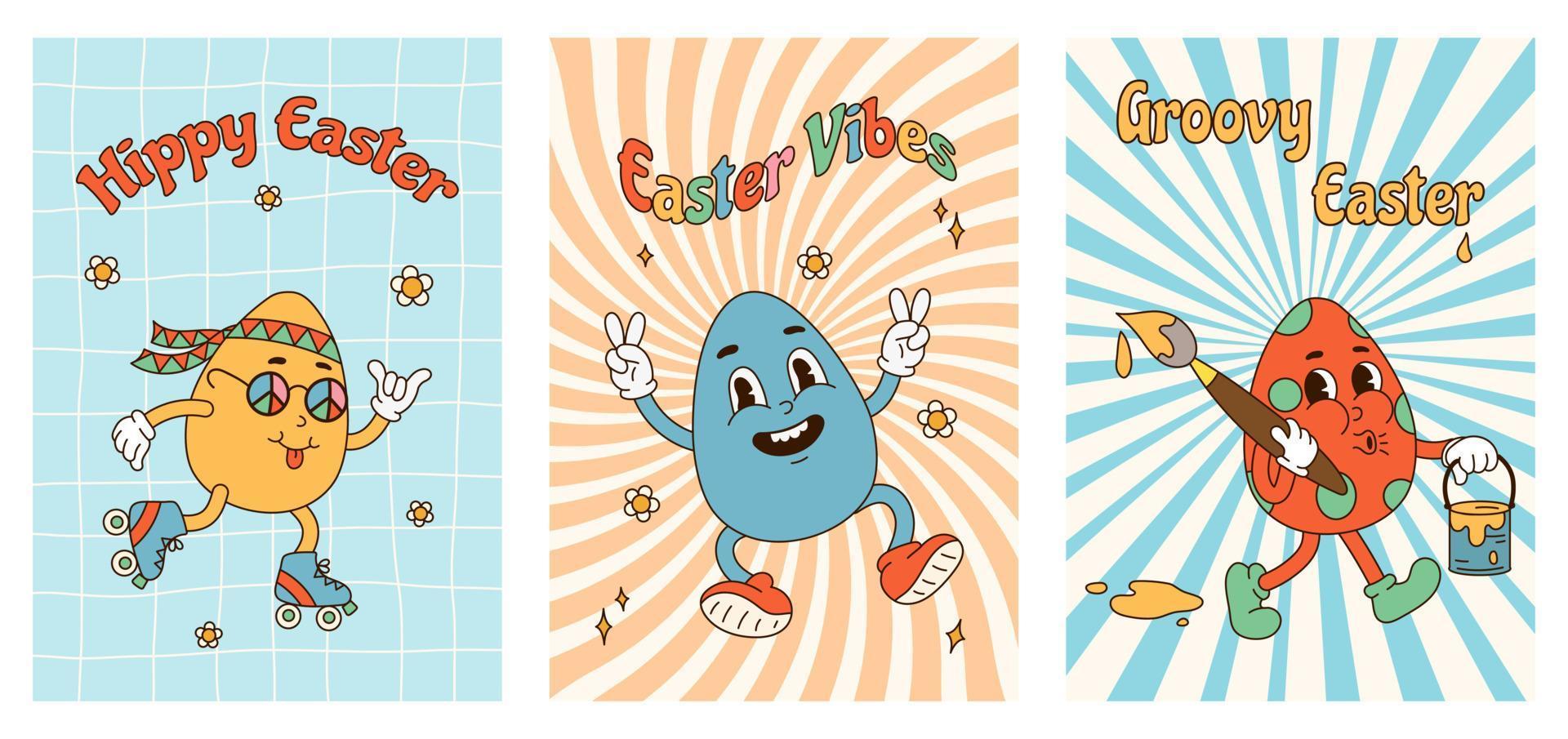 Set posters or cards for Happy Easter. Groovy egg characters in retro cartoon style of 60s 70s on different backgrounds. Hippie, jumper, artist. Flat vector illustration.
