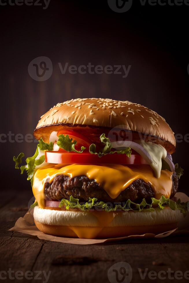 Commercial photo of burger with melted cheese and dark background. Studio shot. .
