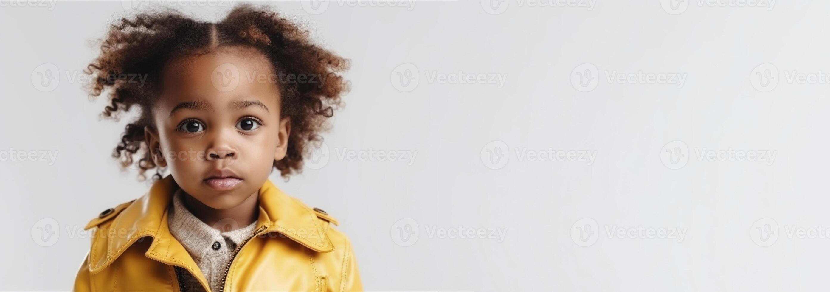 Cute little African American girl on white background, created with photo