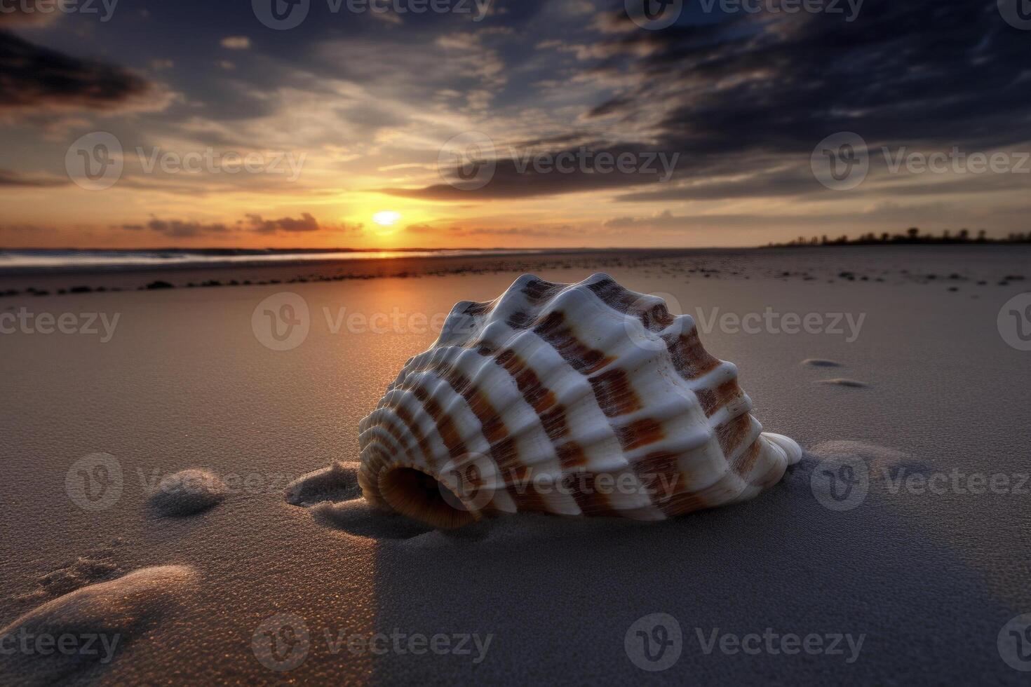 Big white sehell on the sandy beach, created with photo