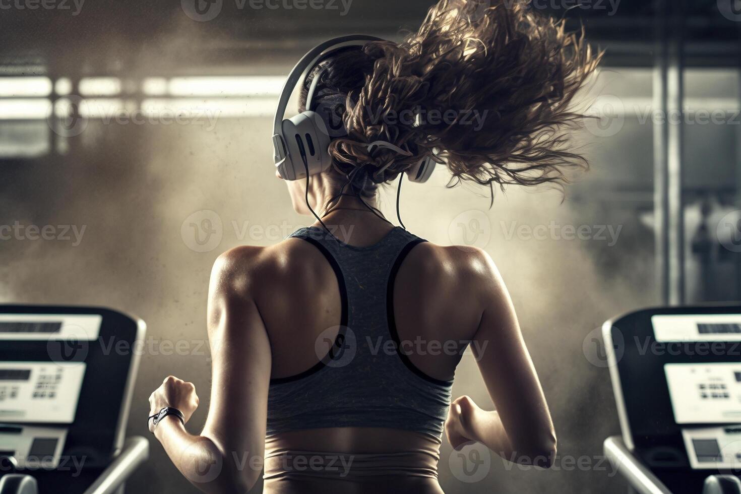 Rear view oy fyoung woman running at the treadmill, created with photo