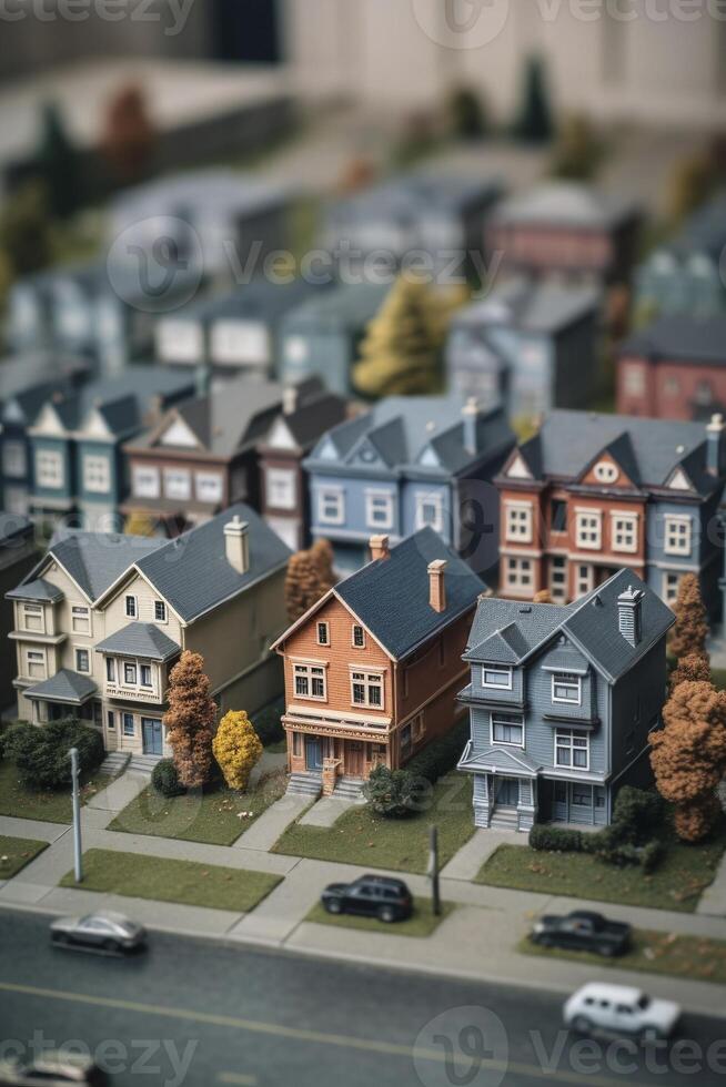 Modern generic suburb style model buildings with tilt shift effect, created with photo