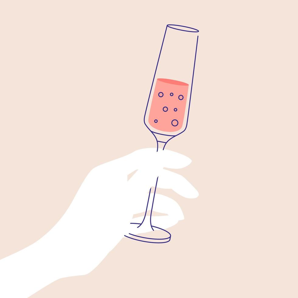 Woman s hand holding glass of sparkling wine. Flat illustration for greeting cards, postcards, invitations, menu design. Line art template vector