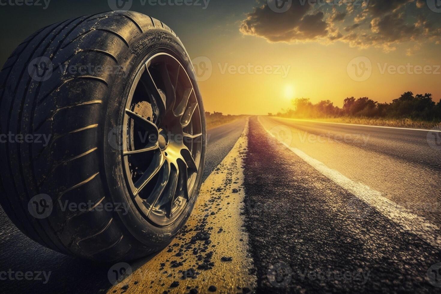 Car tyre on the asphalt road, created with photo