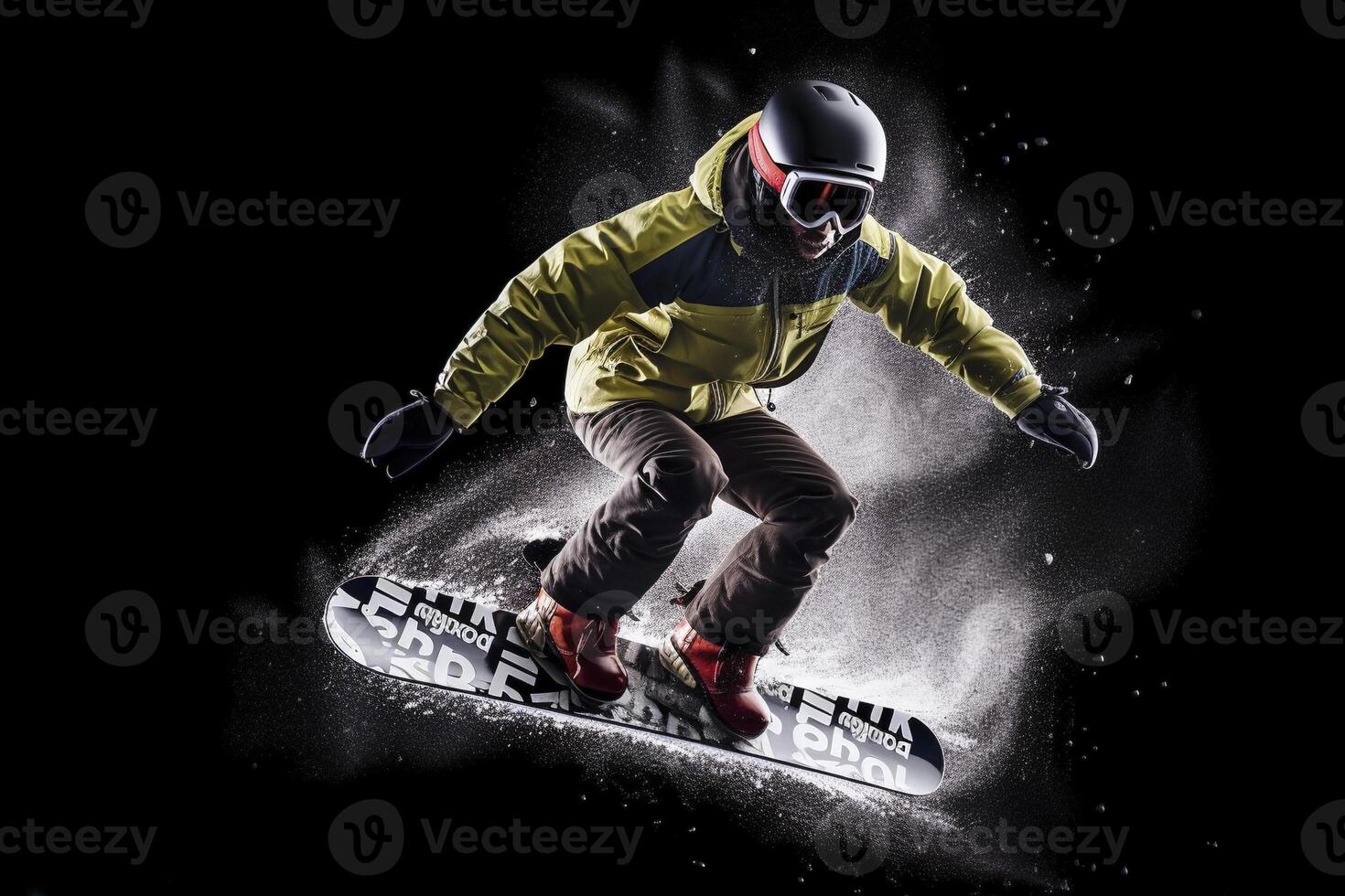 Snowboarde jumping trough air, created with photo