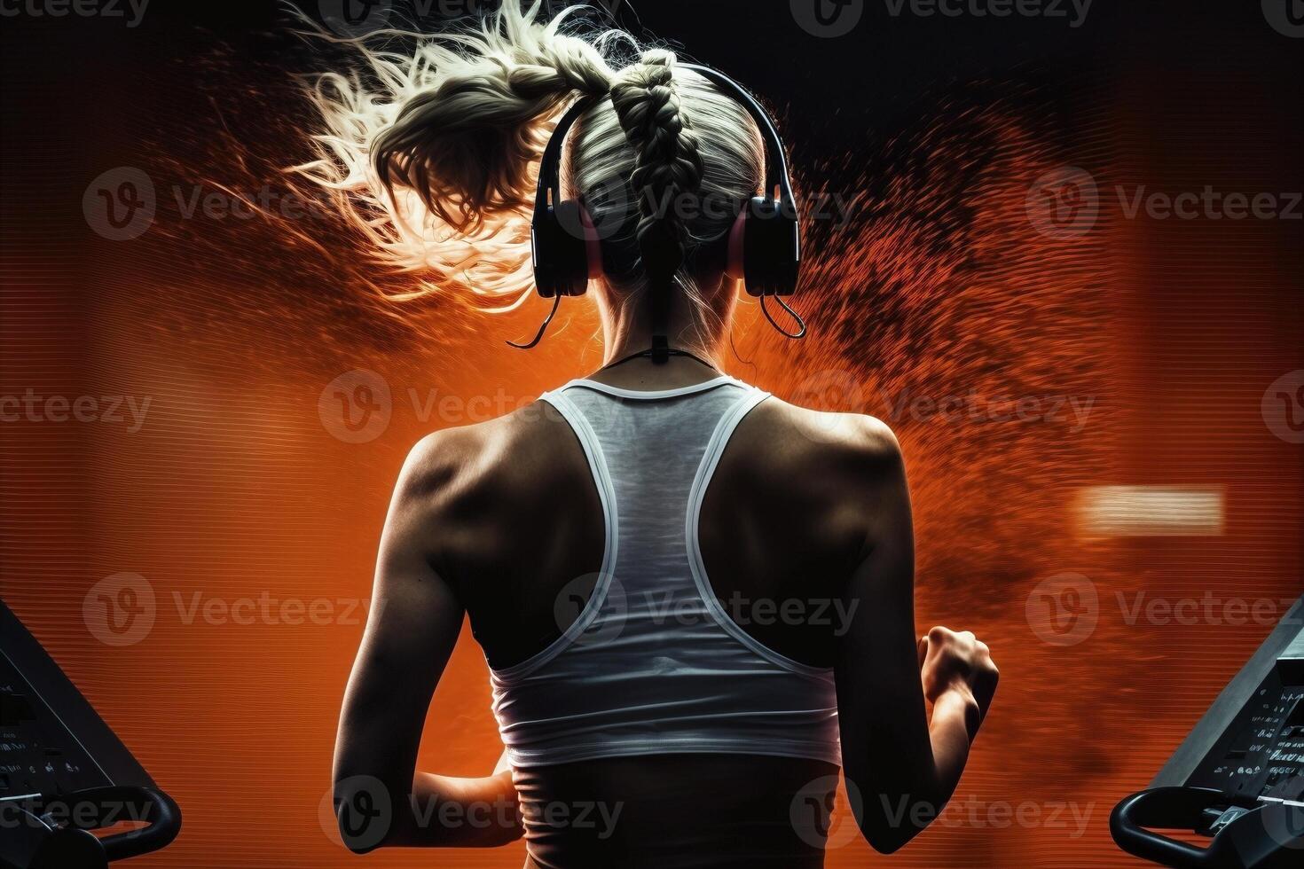 Rear view oy fyoung woman running at the treadmill, created with photo