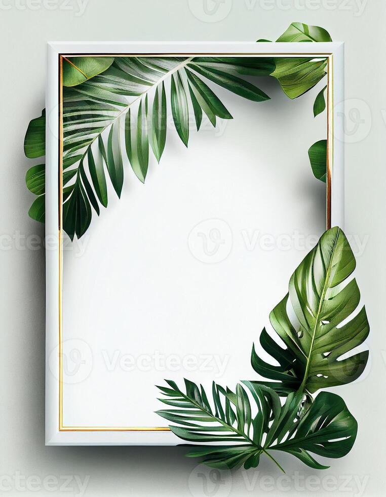 White frame with tropical leaves, created with photo